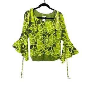 Marc Bouwer 100% Silk Neon Green Flare Sleeve Ruffle Shirt Women’s Size Small